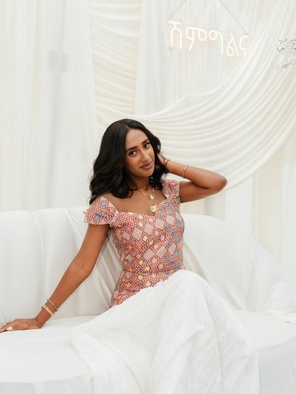 Red Habesha Kemis Cotton Traditional Tibeb Embroidery for Women