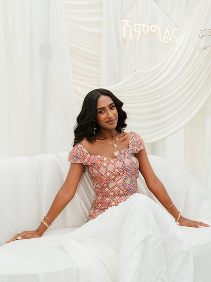 Red Habesha Kemis Cotton Traditional Tibeb Embroidery for Women