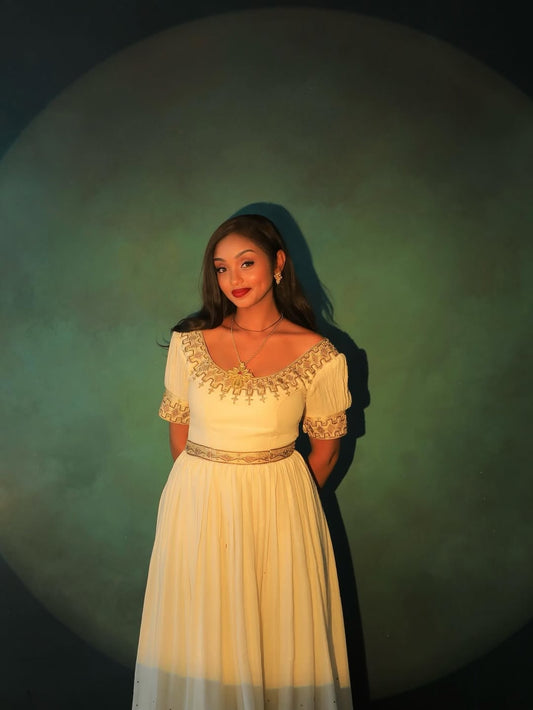 Gold Ethiopian Traditional Dress – Elegant Habesha Kemis for Weddings, Cultural Celebrations, Engagement Ceremonies and Special Occasions