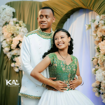 Green Eritrean Dress Matching Couple Set – Heritage Green Patterned Wedding Set