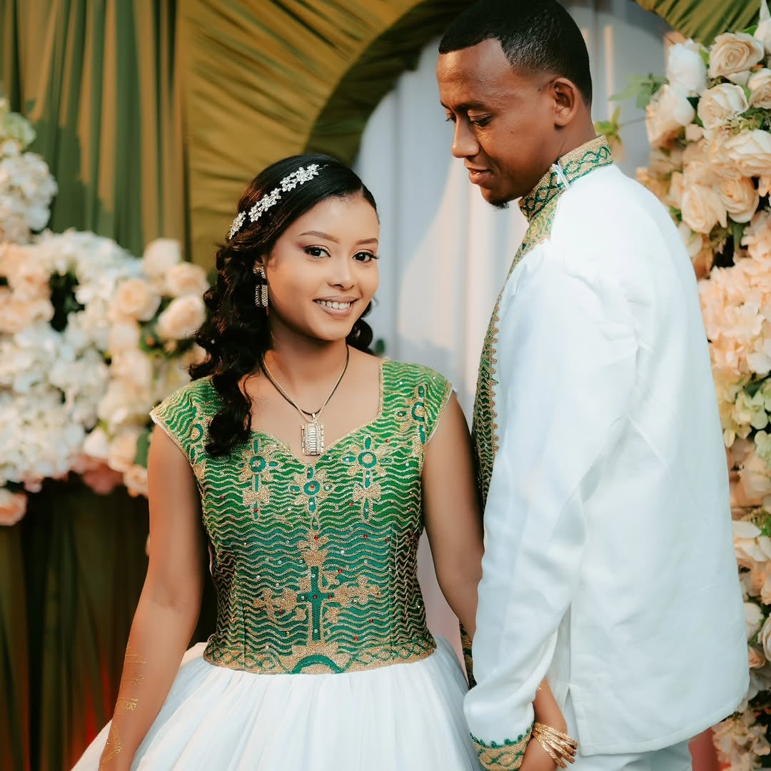 Green Eritrean Dress Matching Couple Set – Heritage Green Patterned Wedding Set