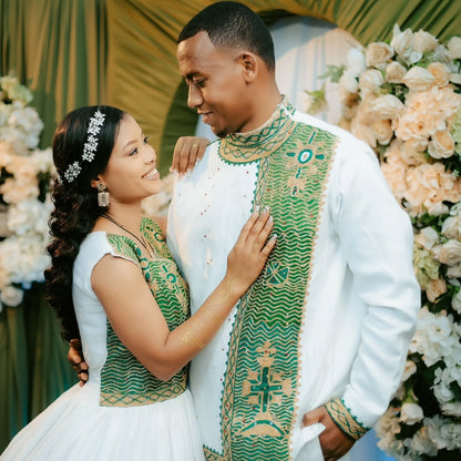Green Eritrean Dress Matching Couple Set – Heritage Green Patterned Wedding Set