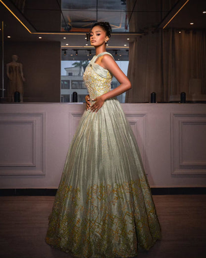 Green Ethiopian Kemis - Silk Blend Hand-Embroidered Tibeb Trim for Women