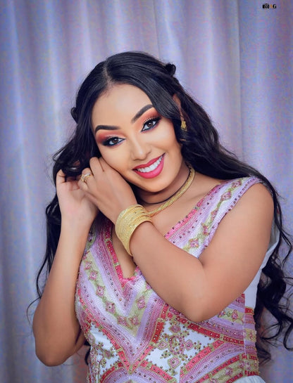 Pink Ethiopian Wedding Dress – Elegant Handcrafted Habesha Kemis with Intricate Embroidery for Weddings, Melse, and Cultural Celebrations