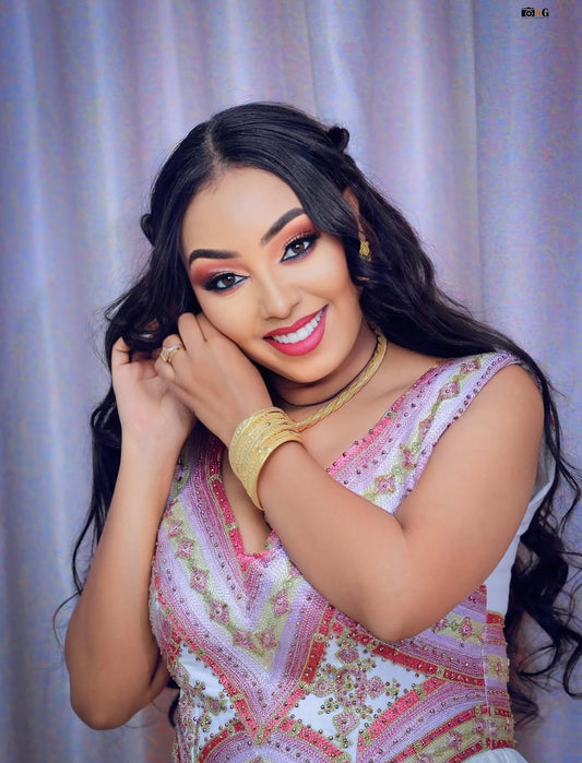 Pink Ethiopian Wedding Dress – Elegant Handcrafted Habesha Kemis with Intricate Embroidery for Weddings, Melse, and Cultural Celebrations