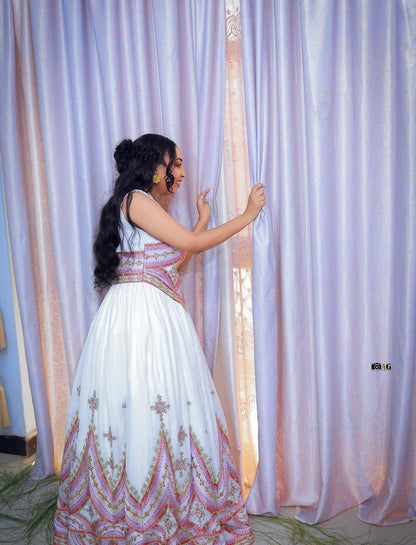 Pink Ethiopian Wedding Dress – Elegant Handcrafted Habesha Kemis with Intricate Embroidery for Weddings, Melse, and Cultural Celebrations