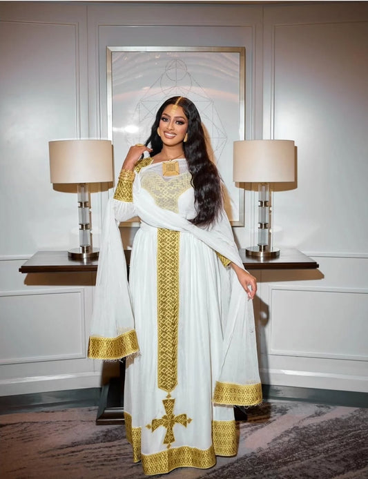 Traditional Ethiopian Dress – White Handwoven Kemis with Gold Borders