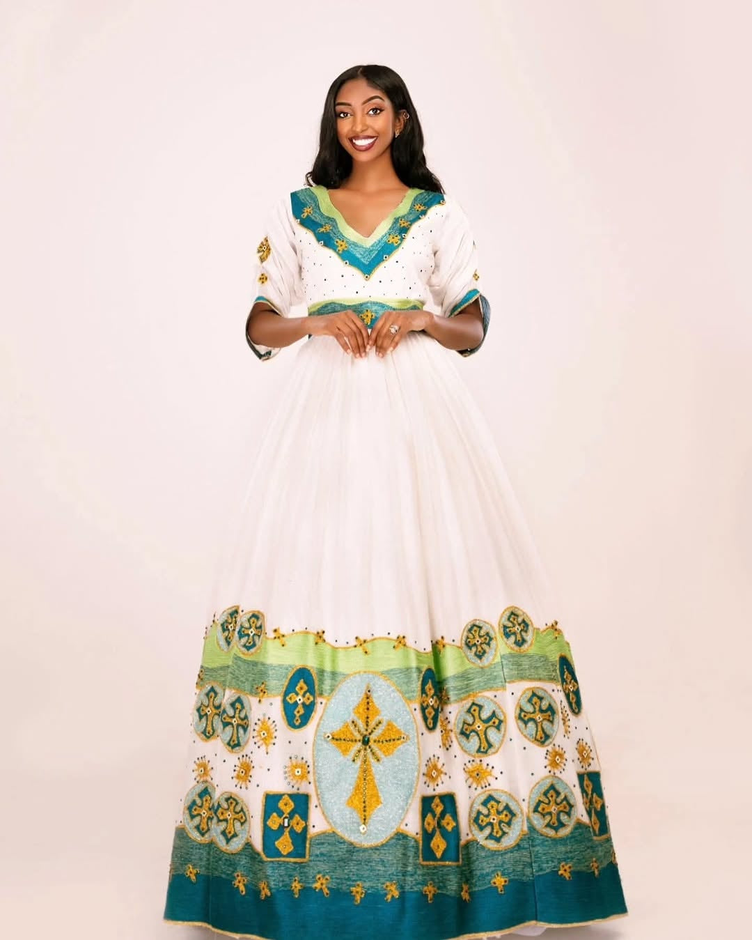 Green Menen Habesha Dress – Elegant Ethiopian Dress with Handwoven Tibeb