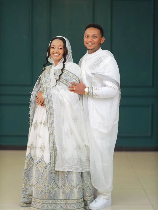 Silver Habesha Couple Matching Set – Elegant Ethiopian Traditional Couple Outfit for Weddings, Cultural Celebrations and Special Occasions