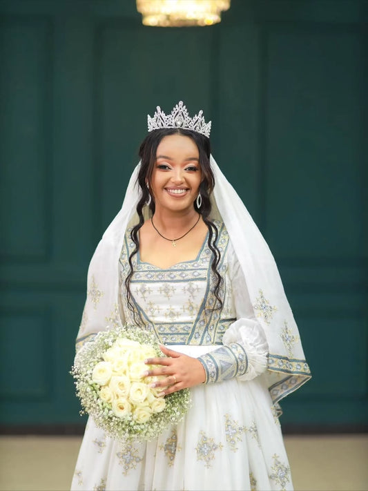 Silver Habesha Couple Matching Set – Elegant Ethiopian Traditional Couple Outfit for Weddings, Cultural Celebrations and Special Occasions