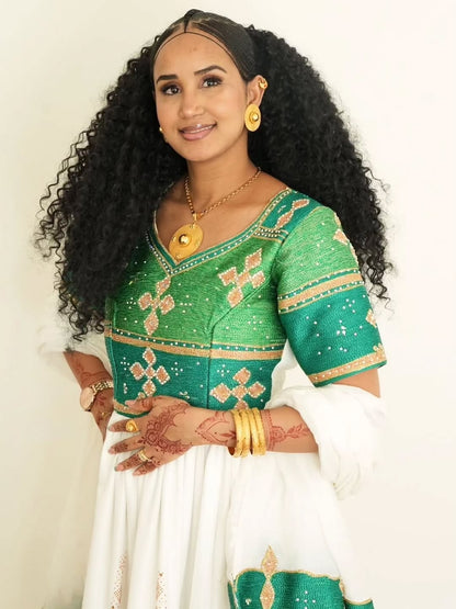 Green Ethiopian Traditional Dress – Elegant Cultural Outfit with Full Tibeb Embroidery and Classic Heritage Design