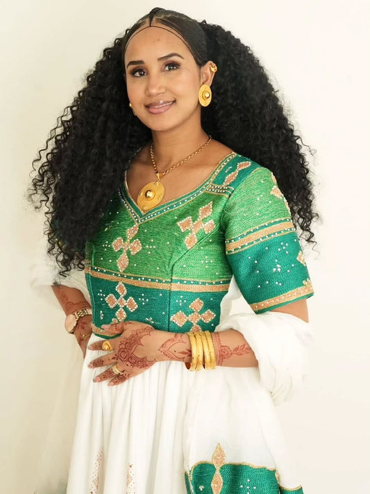 Green Ethiopian Traditional Dress – Elegant Cultural Outfit with Full Tibeb Embroidery and Classic Heritage Design