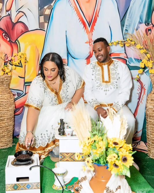 Gold Ethiopian Matching Couple’s Set – Elegant Habesha Wedding Outfit with Hand-Woven Cotton Bridal dres and Coordinated Groom Shirt for Mels and Engagement Ceremonies