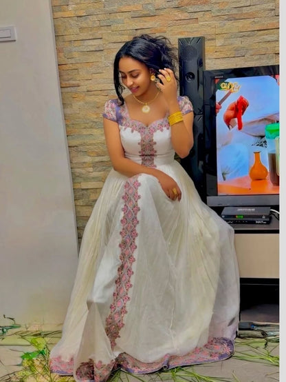 Purple Ethiopian Kemis – Modern Traditional Dress for Cultural Events and Special Occasions