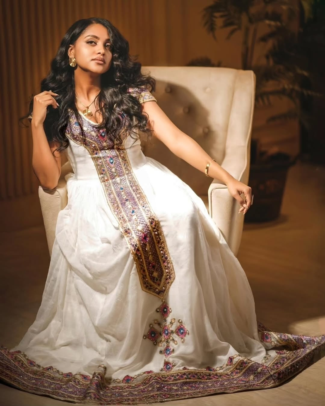 Stunning Traditional Habesha Dress with Intricate Purple & Gold Tilet
