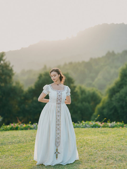 Gold and White Ethiopian Dress: Luxury Habesha Kemis with Royal Tibeb