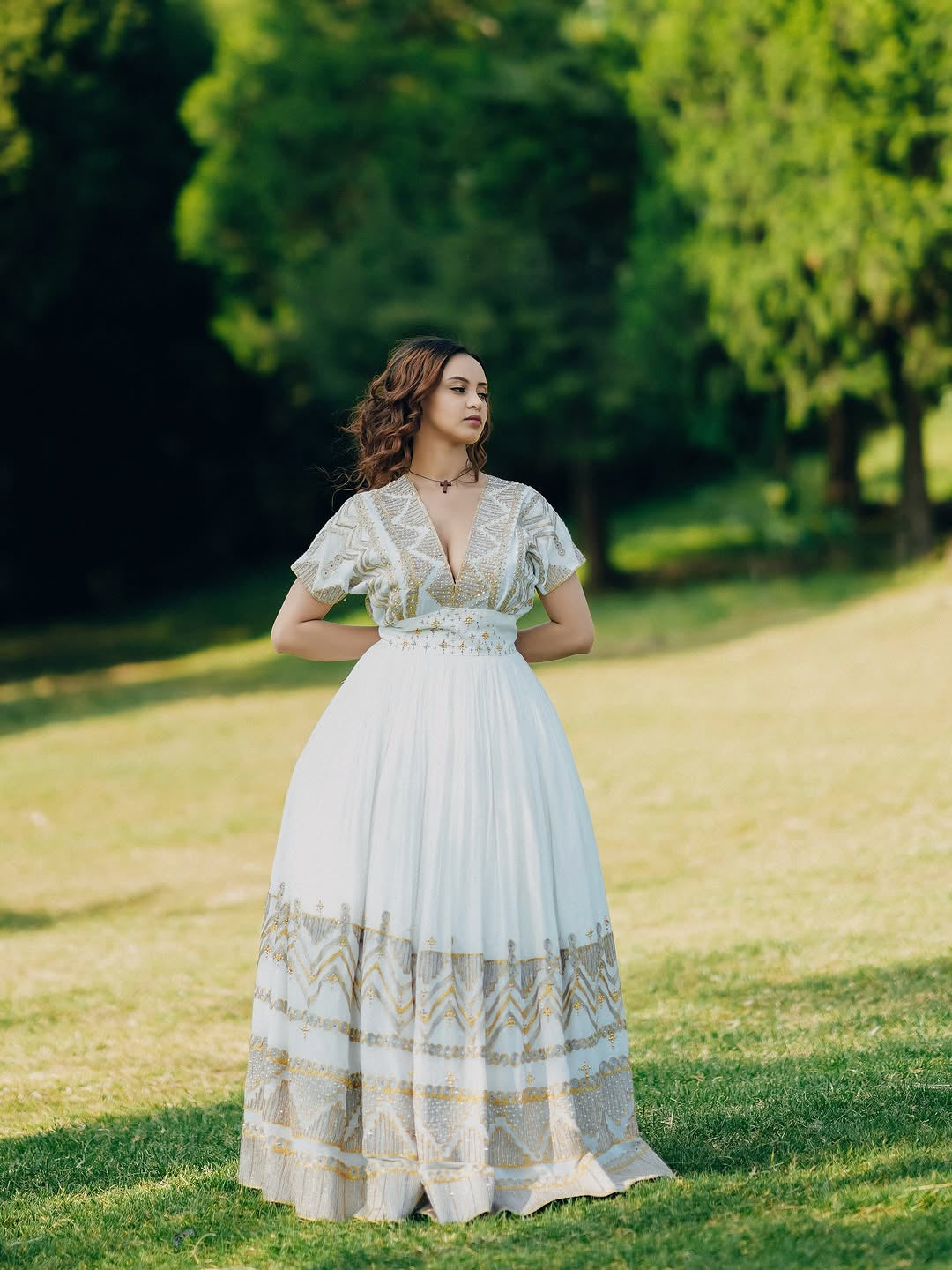 Gold and White Ethiopian Dress: Luxury Habesha Kemis with Royal Tibeb