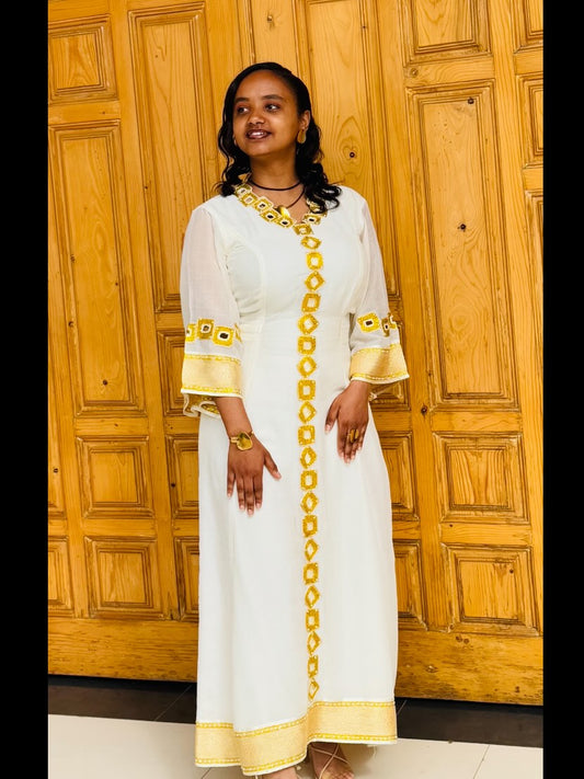 Women's Gold Modern Cotton Habesha Kemis for Wedding Guests | Traditional Ethiopian Dress with Tibeb Border