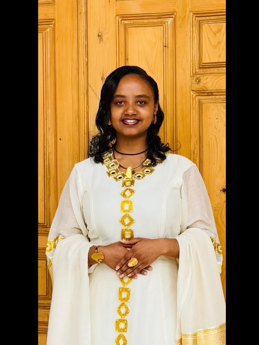 Women's Gold Modern Cotton Habesha Kemis for Wedding Guests | Traditional Ethiopian Dress with Tibeb Border