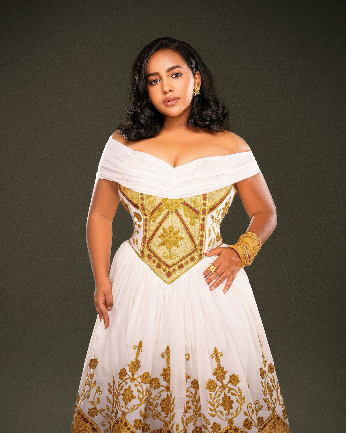 Gold Ethiopia Wedding Dress with Habesha Embroidery for Wedding Events
