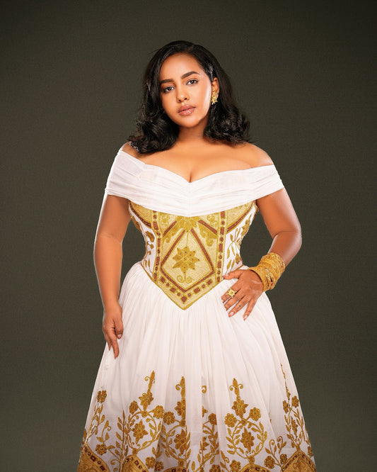 Gold Ethiopia Wedding Dress with Habesha Embroidery for Wedding Events