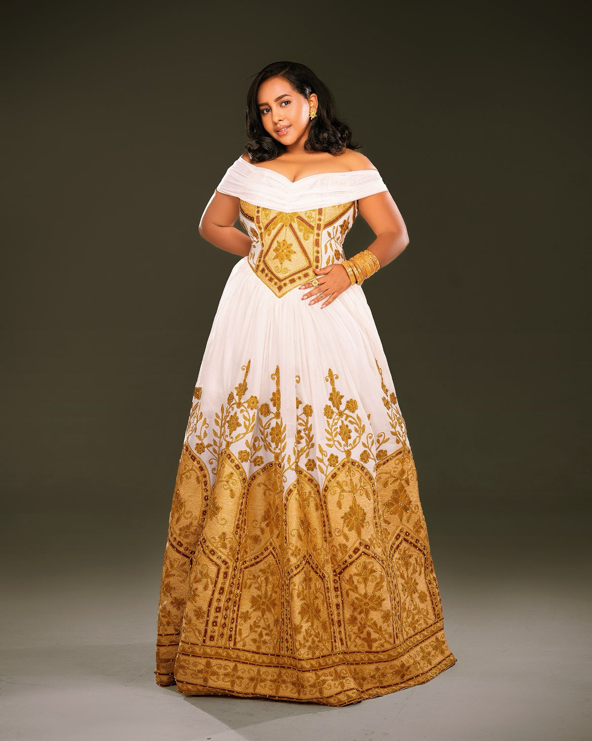 Gold Ethiopia Wedding Dress with Habesha Embroidery for Wedding Events
