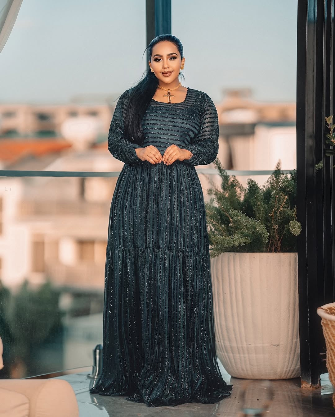 Green Habesha Shiffion – New Design Ethiopian Dress with Flowing Fabric and Elegant Traditional Style for Cultural Celebrations