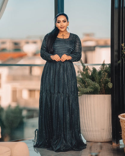 Green Habesha Shiffion – New Design Ethiopian Dress with Flowing Fabric and Elegant Traditional Style for Cultural Celebrations