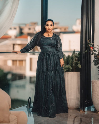 Green Habesha Shiffion – New Design Ethiopian Dress with Flowing Fabric and Elegant Traditional Style for Cultural Celebrations