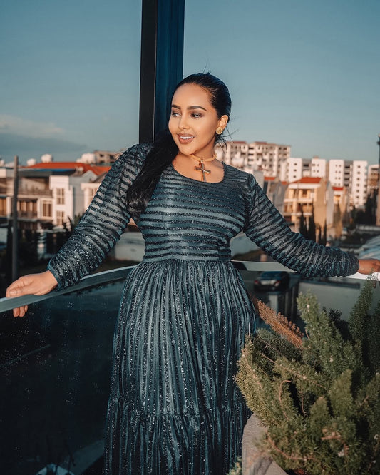 Green Habesha Shiffion – New Design Ethiopian Dress with Flowing Fabric and Elegant Traditional Style for Cultural Celebrations