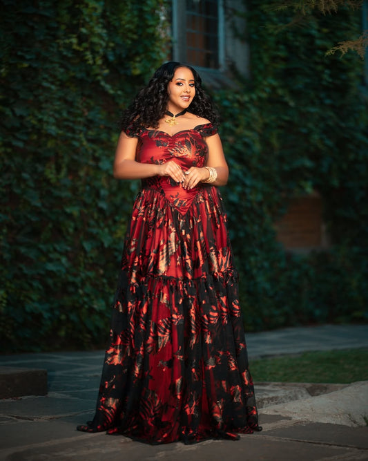 Bold Red and Black Habesha Chiffon Dress – Elegant Ethiopian Fashion for Special Occasions