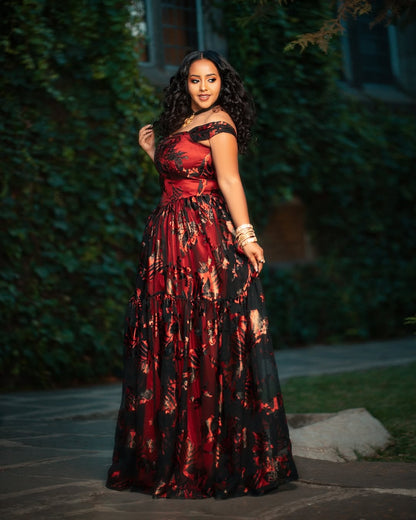 Bold Red and Black Habesha Chiffon Dress – Elegant Ethiopian Fashion for Special Occasions