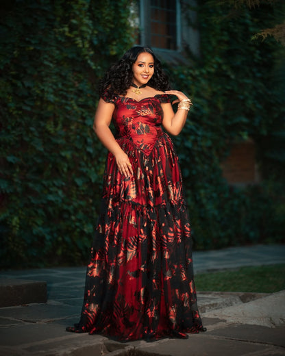 Bold Red and Black Habesha Chiffon Dress – Elegant Ethiopian Fashion for Special Occasions