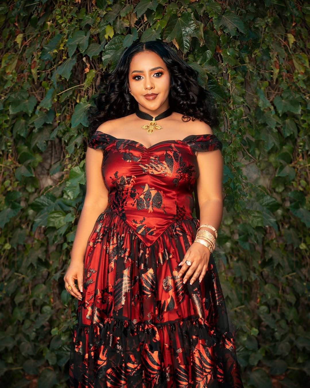 Bold Red and Black Habesha Chiffon Dress – Elegant Ethiopian Fashion for Special Occasions