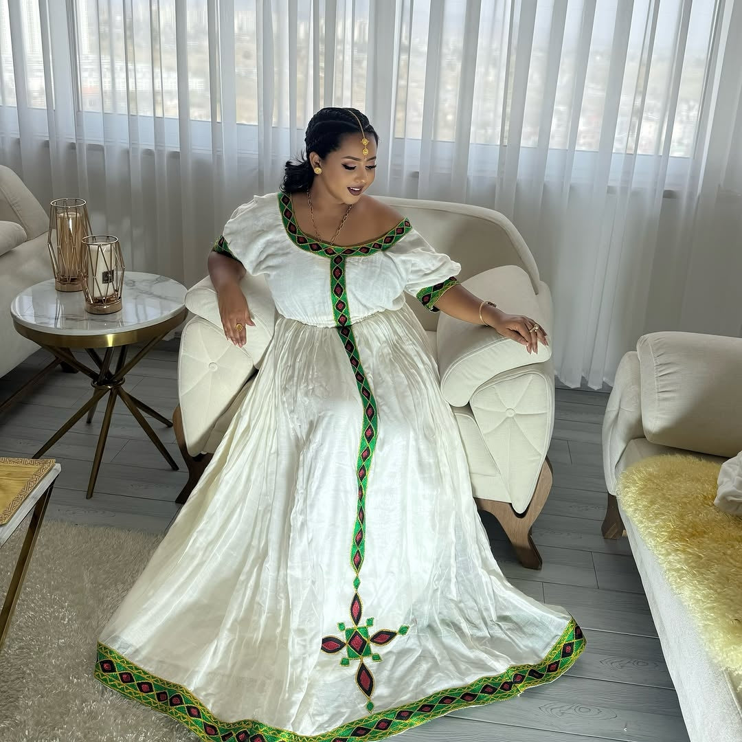 Green Modern Habesha Zuria – Contemporary Ethiopian Dress for Women