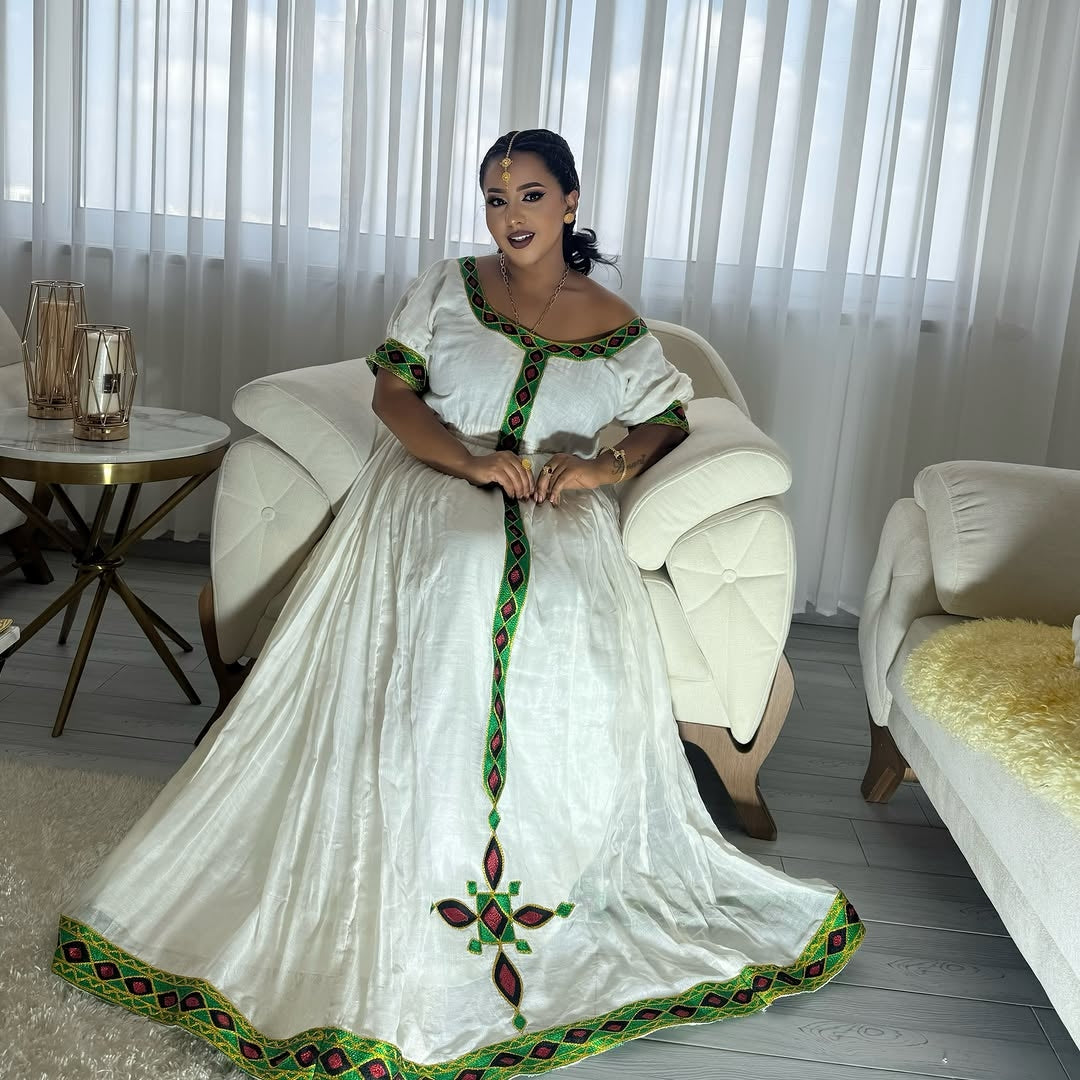 Green Modern Habesha Zuria – Contemporary Ethiopian Dress for Women