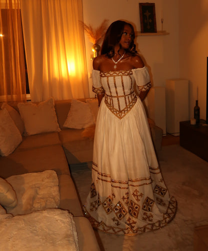 Gold Ethiopian Traditional Clothing: Embroidered Flowing Dress for Timket and Church Celebrations