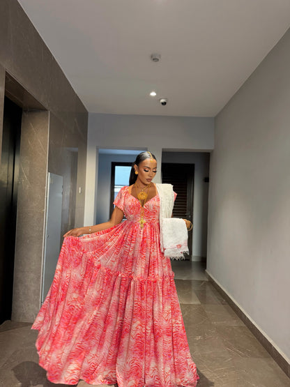 Pink chiffon Habesha zuria with silver tilf embroidery for Fasika and engagement ceremonies