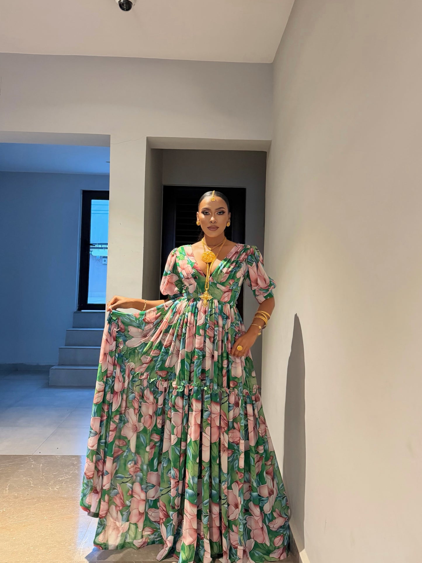 Green Habesha Chiffon Elegant Floral Embroidery Dress for Celebrations