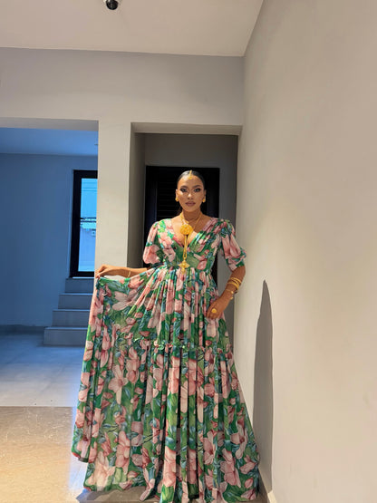 Green Habesha Chiffon Elegant Floral Embroidery Dress for Celebrations