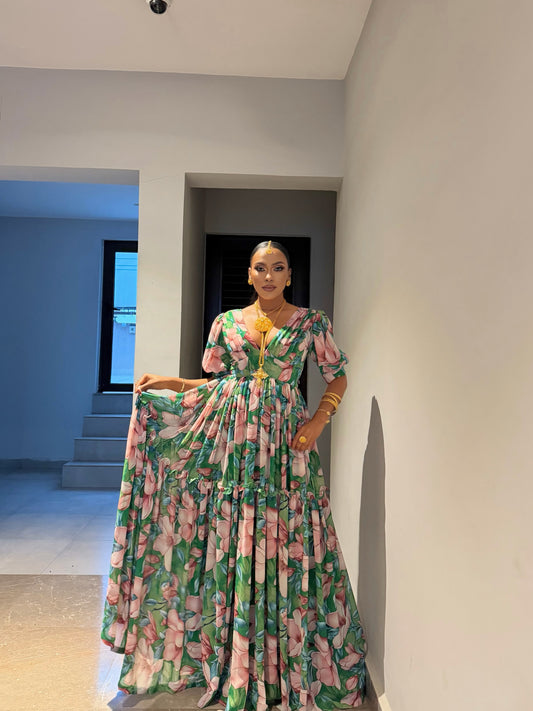 Green Habesha Chiffon Elegant Floral Embroidery Dress for Celebrations