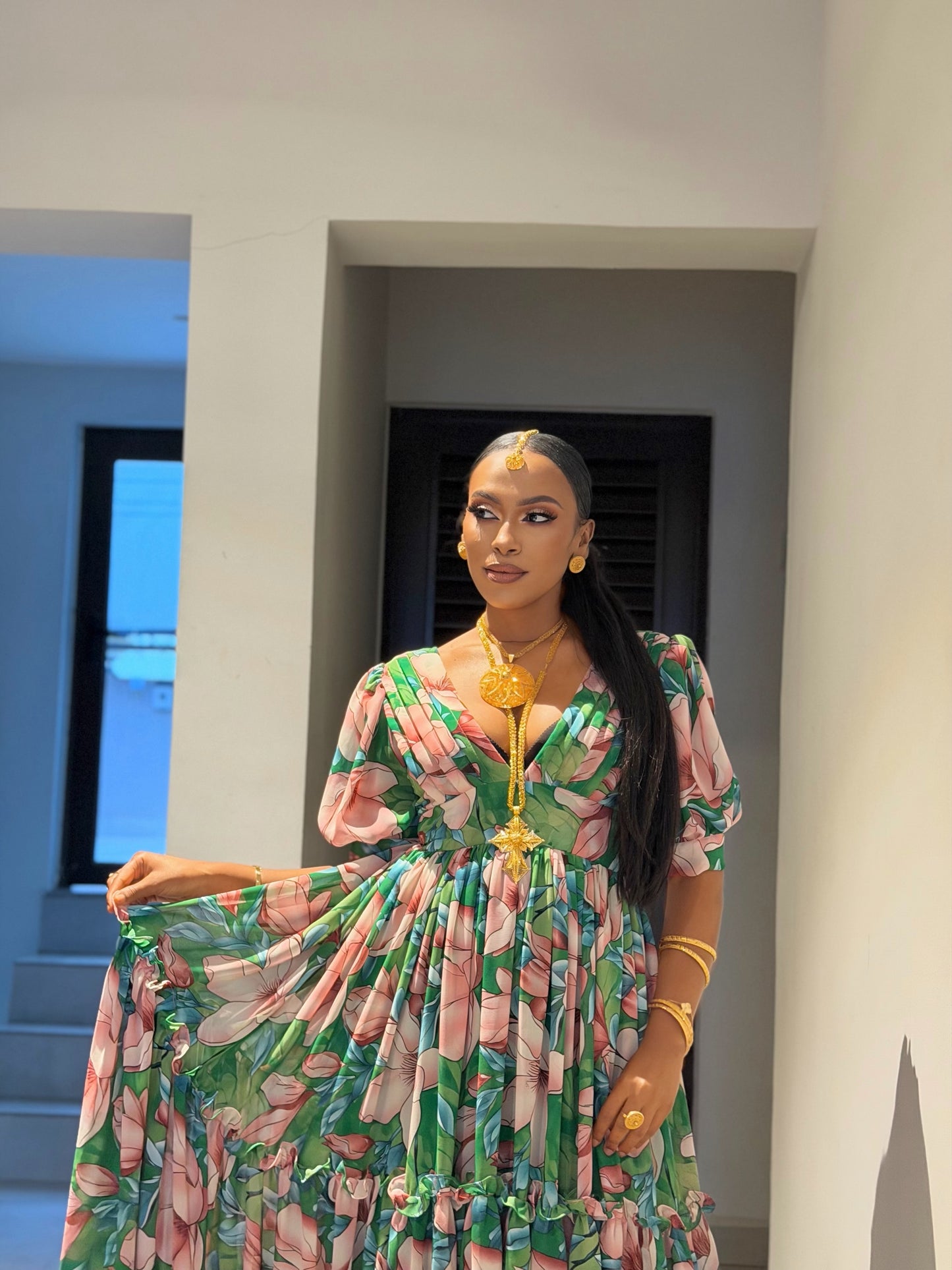 Green Habesha Chiffon Elegant Floral Embroidery Dress for Celebrations