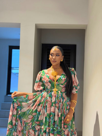 Green Habesha Chiffon Elegant Floral Embroidery Dress for Celebrations