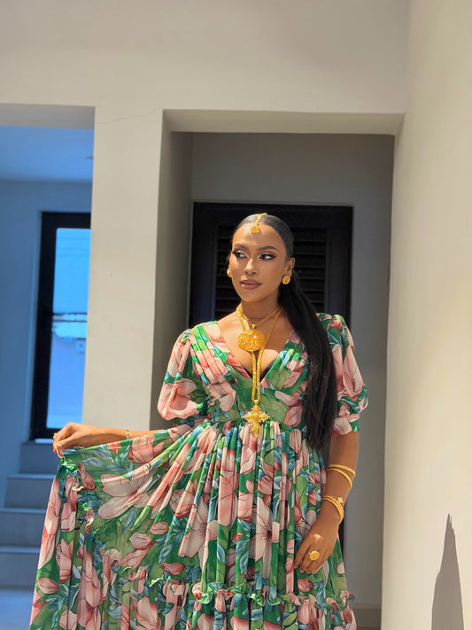 Green Habesha Chiffon Elegant Floral Embroidery Dress for Celebrations