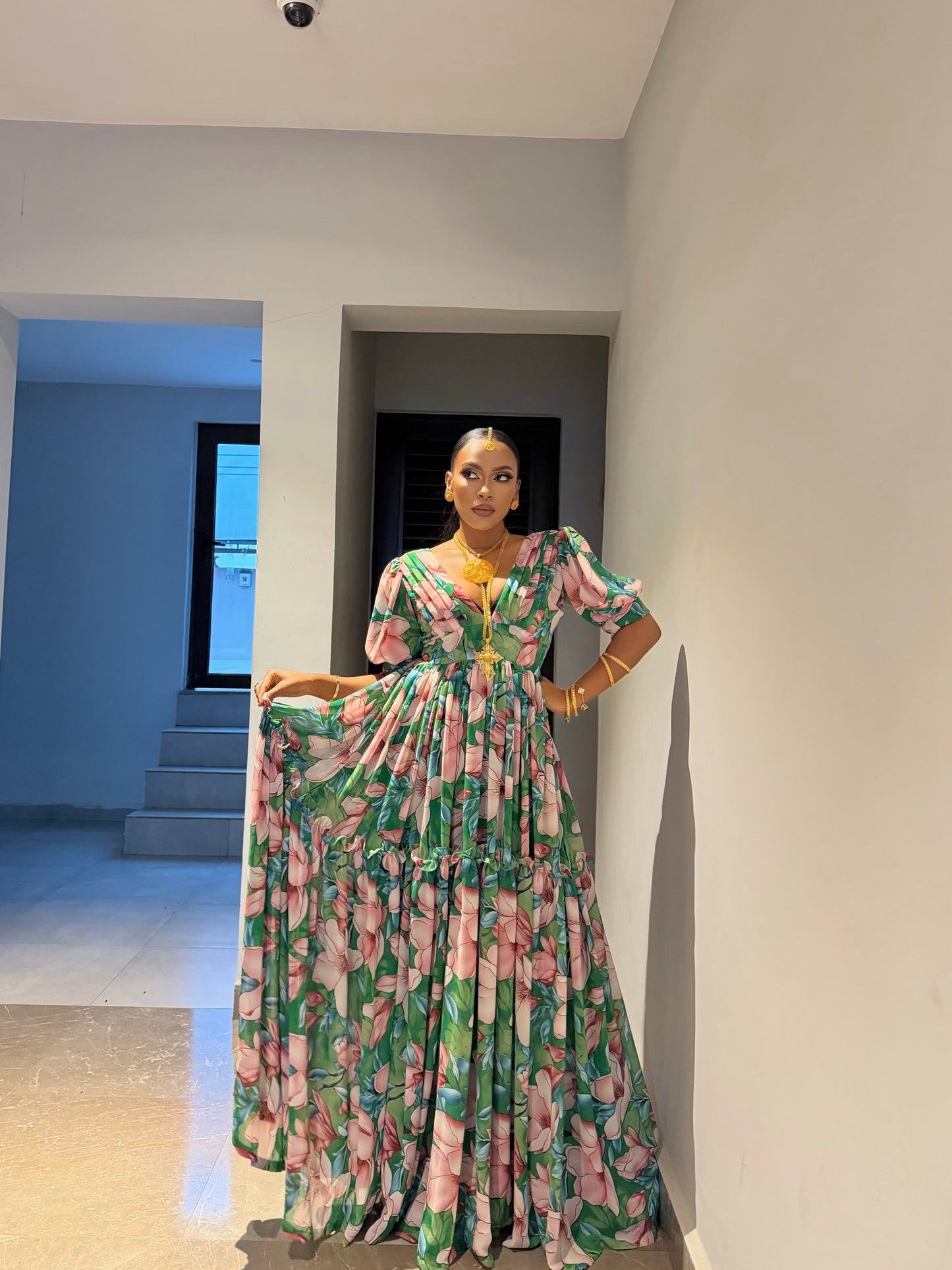 Green Habesha Chiffon Elegant Floral Embroidery Dress for Celebrations