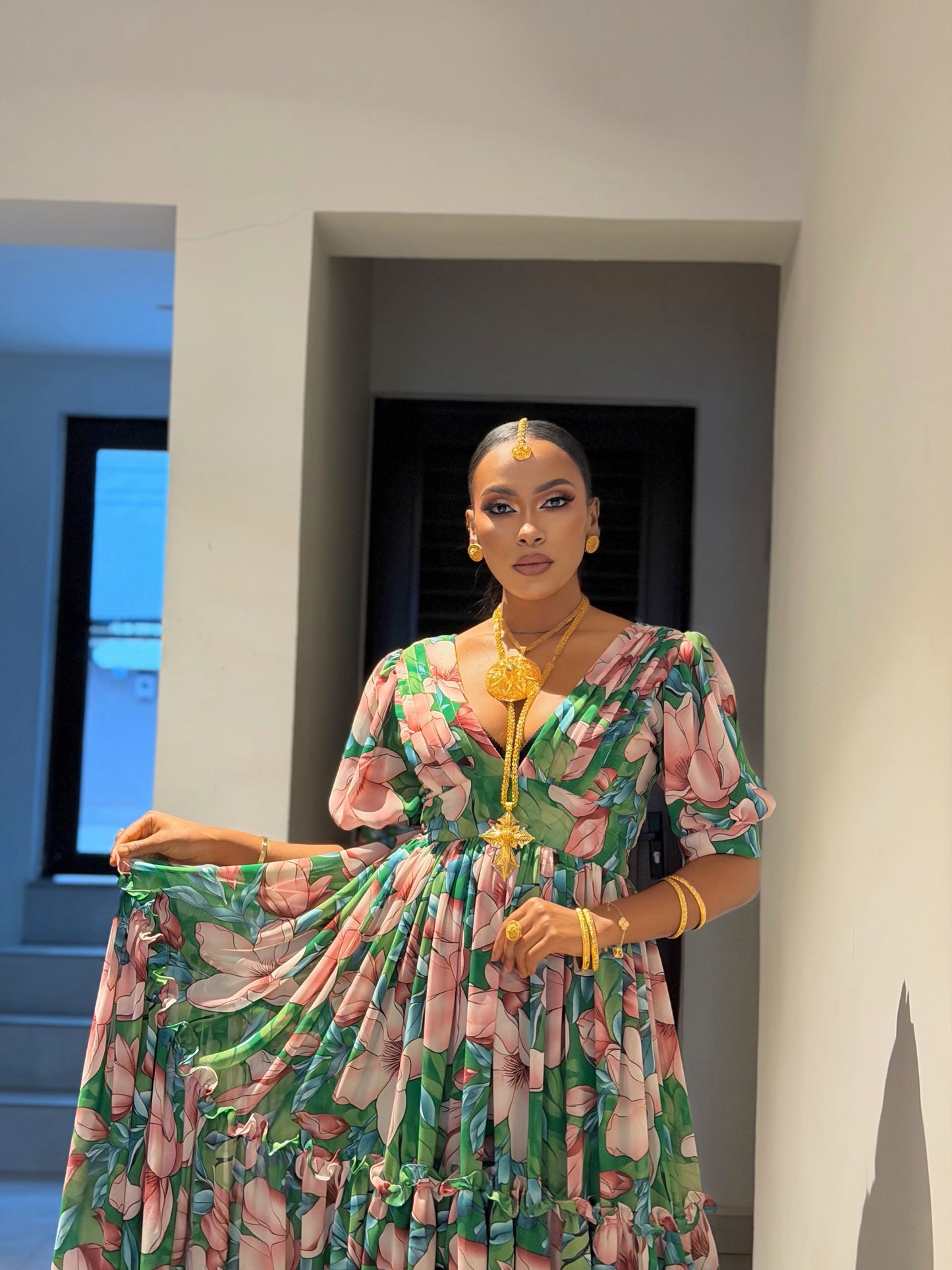 Green Habesha Chiffon Elegant Floral Embroidery Dress for Celebrations