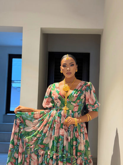 Green Habesha Chiffon Elegant Floral Embroidery Dress for Celebrations