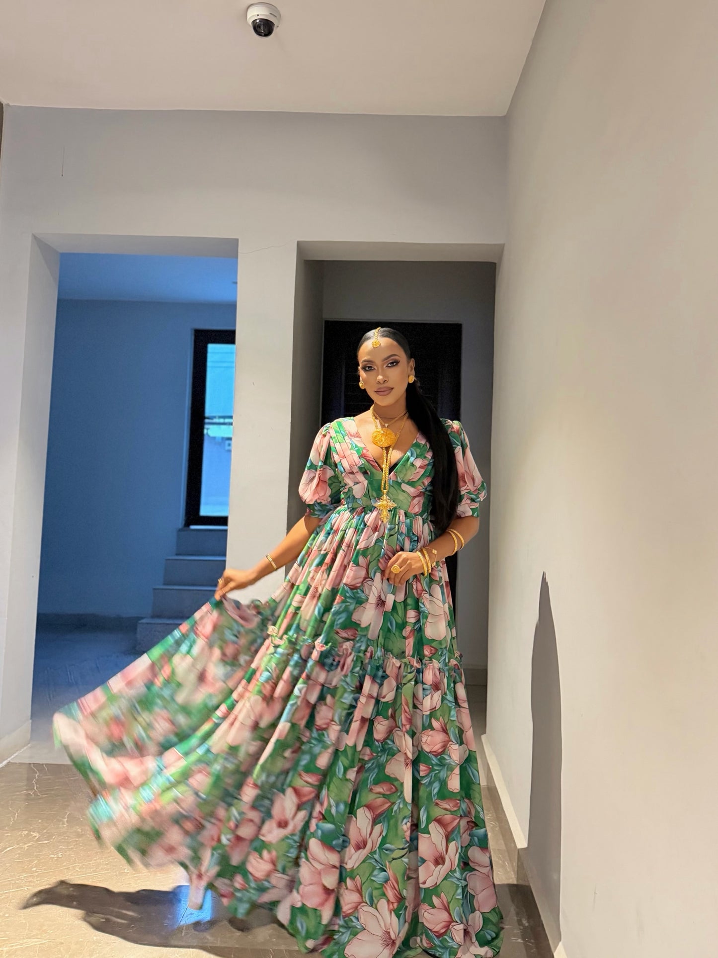 Green Habesha Chiffon Elegant Floral Embroidery Dress for Celebrations
