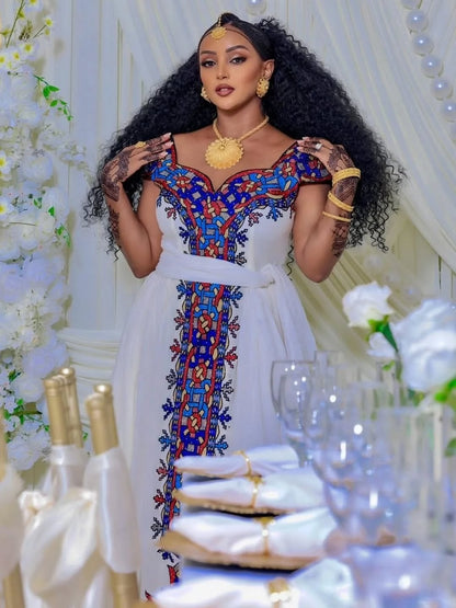 Purple Habesha Zuria – Royal Deep Purple and Multi-Color Embroidered Ethiopian Traditional Dress for Weddings & Formal Events