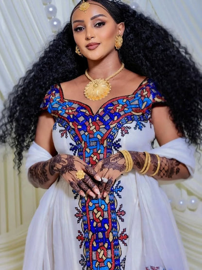 Purple Habesha Zuria – Royal Deep Purple and Multi-Color Embroidered Ethiopian Traditional Dress for Weddings & Formal Events